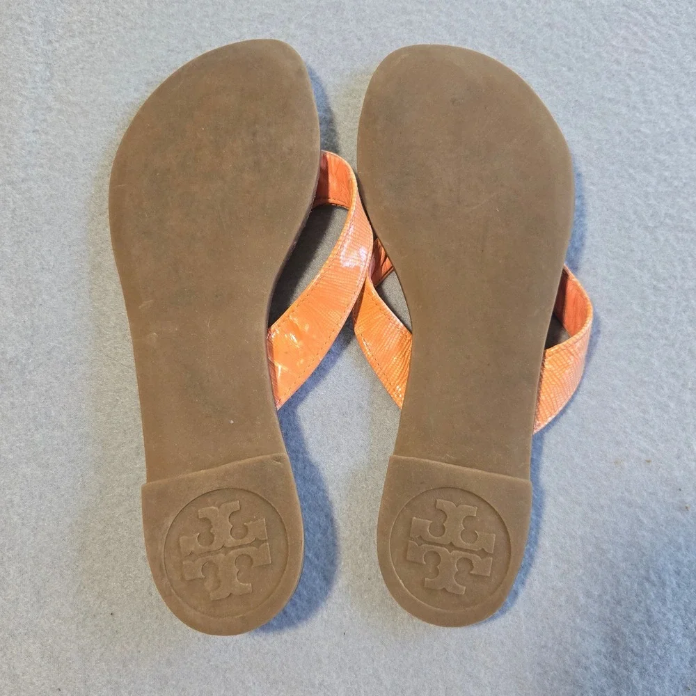 Tory Burch Miller Sandals Women 6M Orange Lizard Embossed Leather Logo Flat Flip